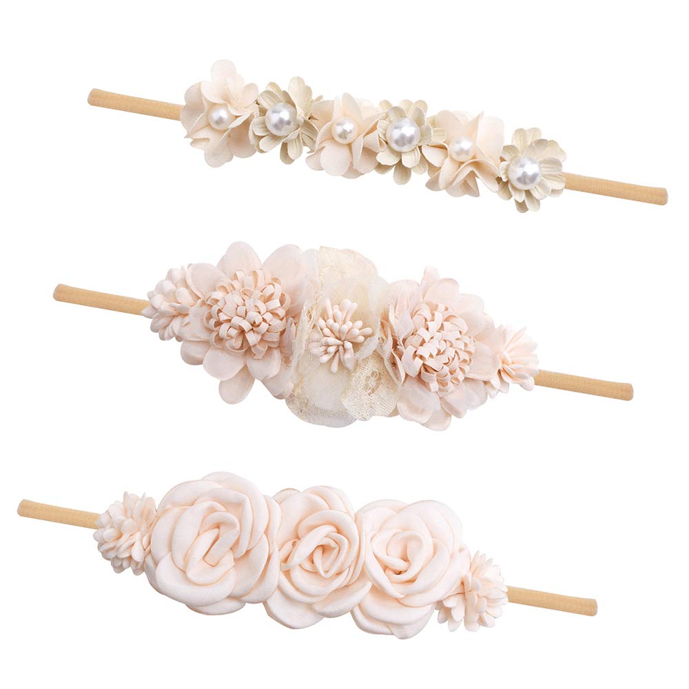 Cherrboll flower headband closeup shows soft nylon material for gentle baby wear.