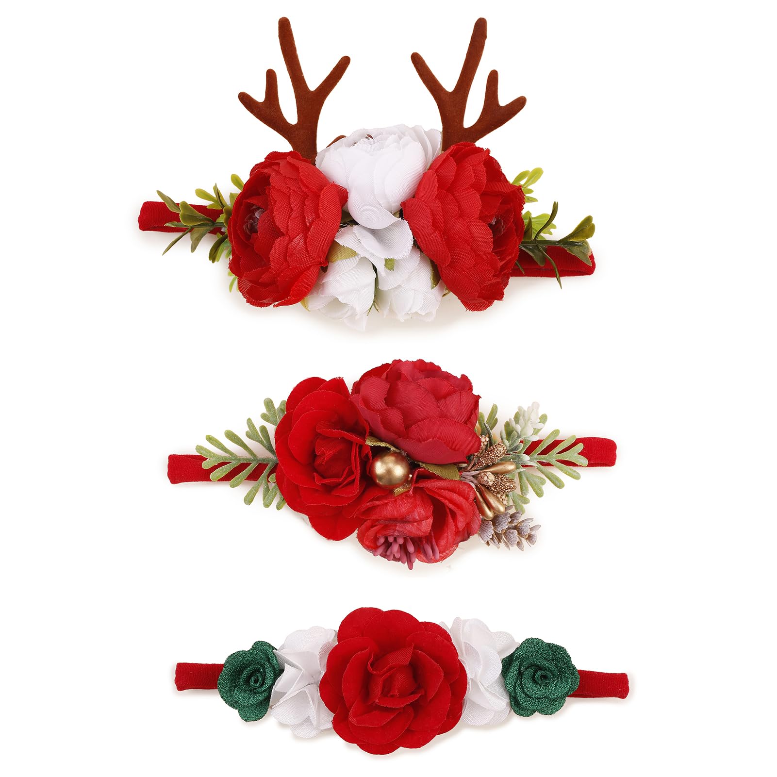 Cherrboll flower headbands set in soft nylon for gentle newborn styling.