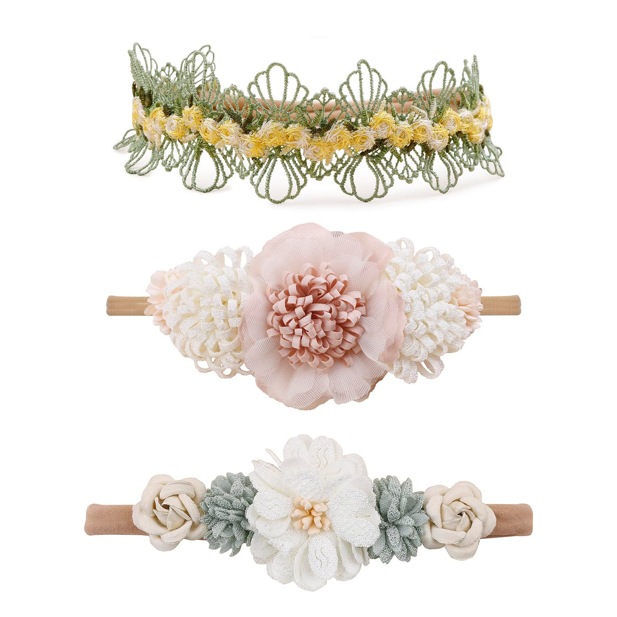 Cherrboll flower headbands in soft nylon for gentle newborn comfort