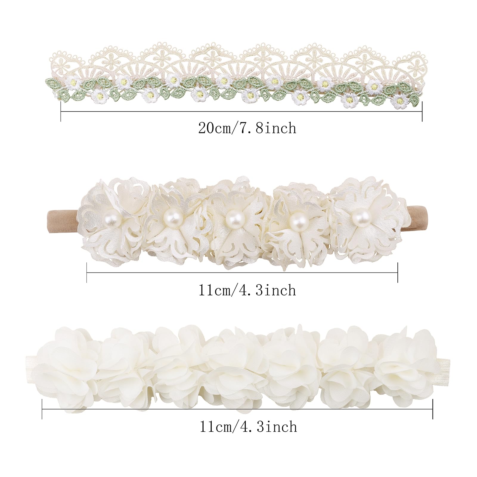 Cherrboll headband on baby illustrating 13-inch start with grows-through toddler elasticity.