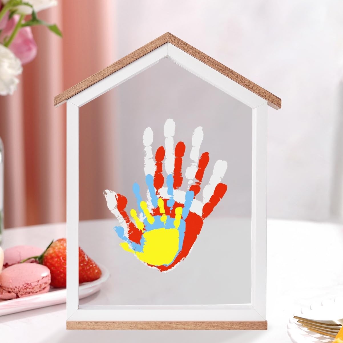 CHERRY CHEERS family handprint setup highlights a cherished memory in a colorful frame.
