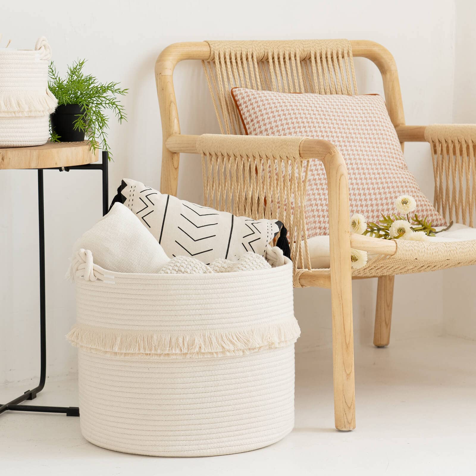 CherryNow large woven basket folded-dimension demonstrates compact storage when not in use.