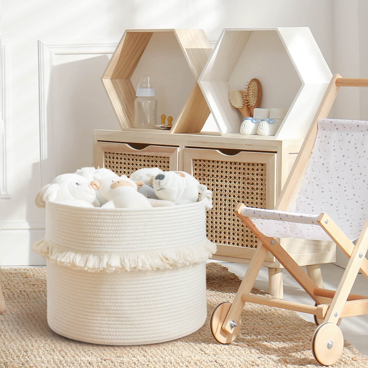 CherryNow large woven basket nursery-decor-setup depicts off-white tone for kids' spaces.