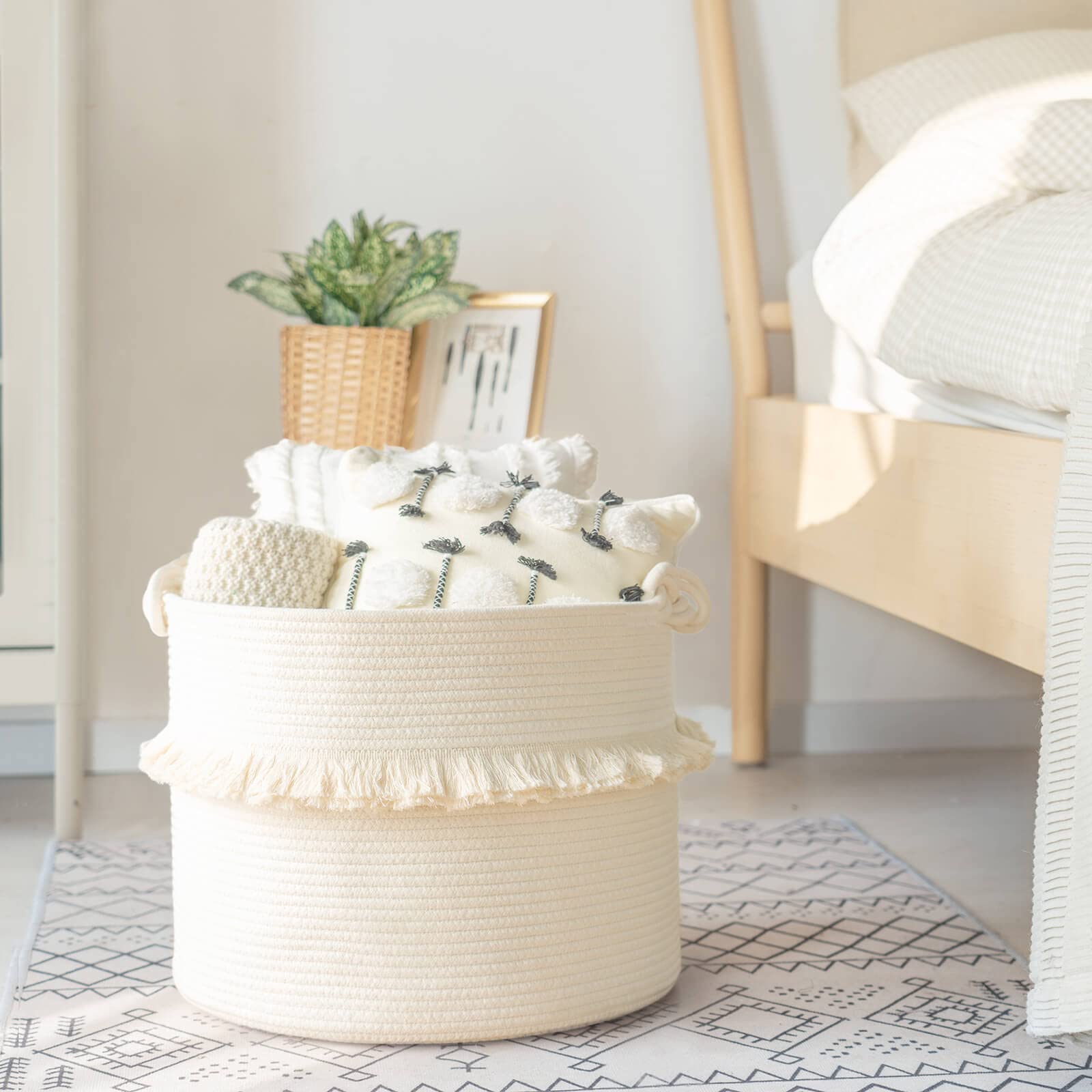 CherryNow large woven basket side view highlights lightweight design for room-to-room movement.