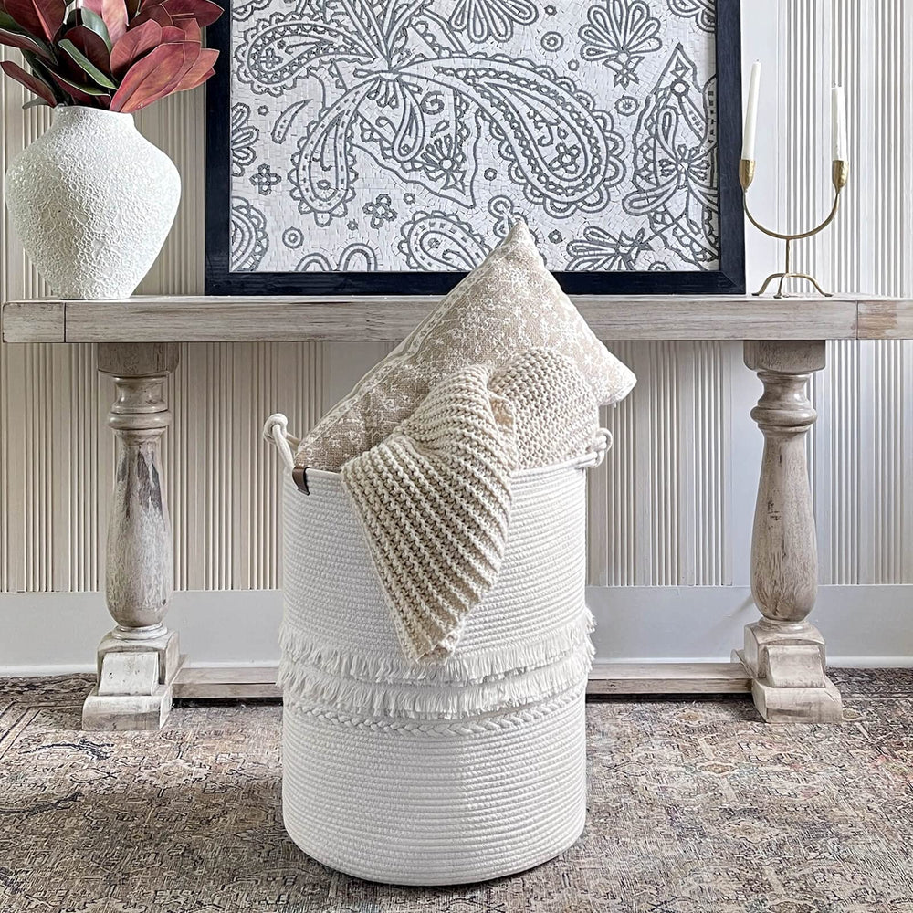 CherryNow tassel-decor rope-basket adds stylish touch to nursery and living rooms.