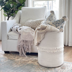 CherryNow white-rope storage-basket blanket-towels-storage keeps linen tidy.