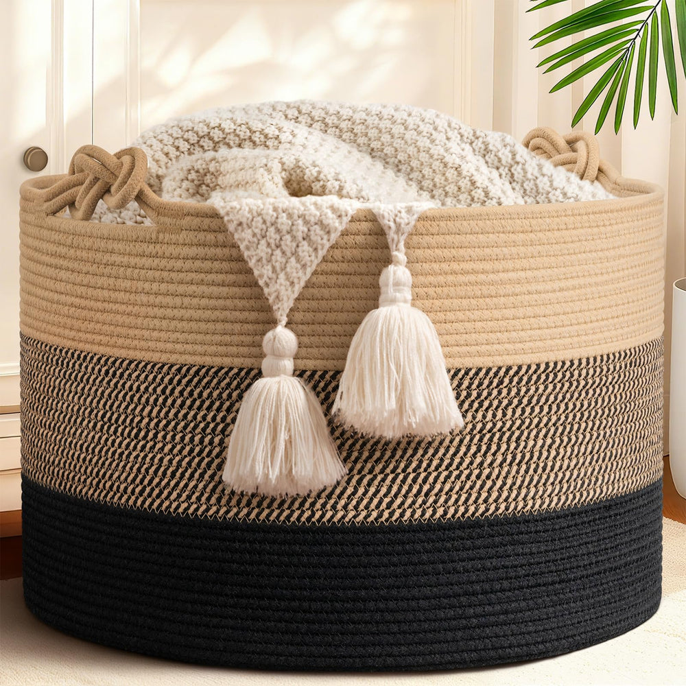 CherryNow blanket basket in camel mix and black, 22x14 inches, ideal for organizing blankets and toys.