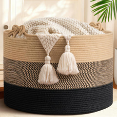 CherryNow blanket basket in camel mix and black, 22x14 inches, ideal for organizing blankets and toys.