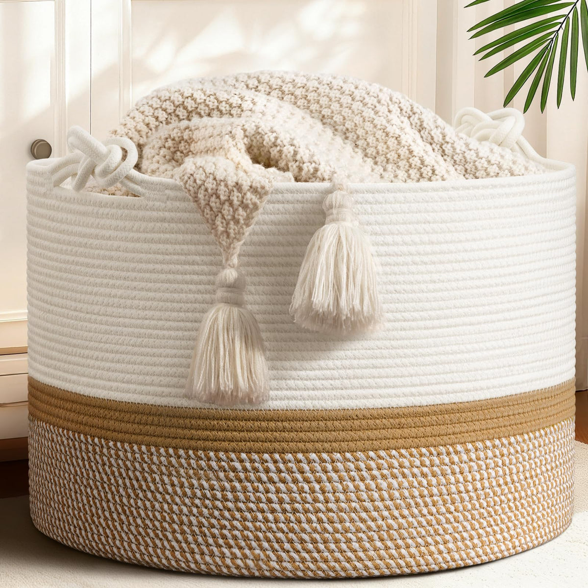 CherryNow blanket basket White & Camel stores blankets, pillows, and toys, tidying living spaces.