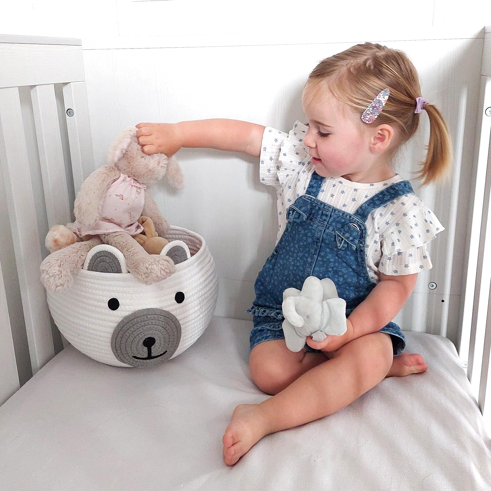 CherryNow compact white baby basket fits shelves and floors for small-item storage