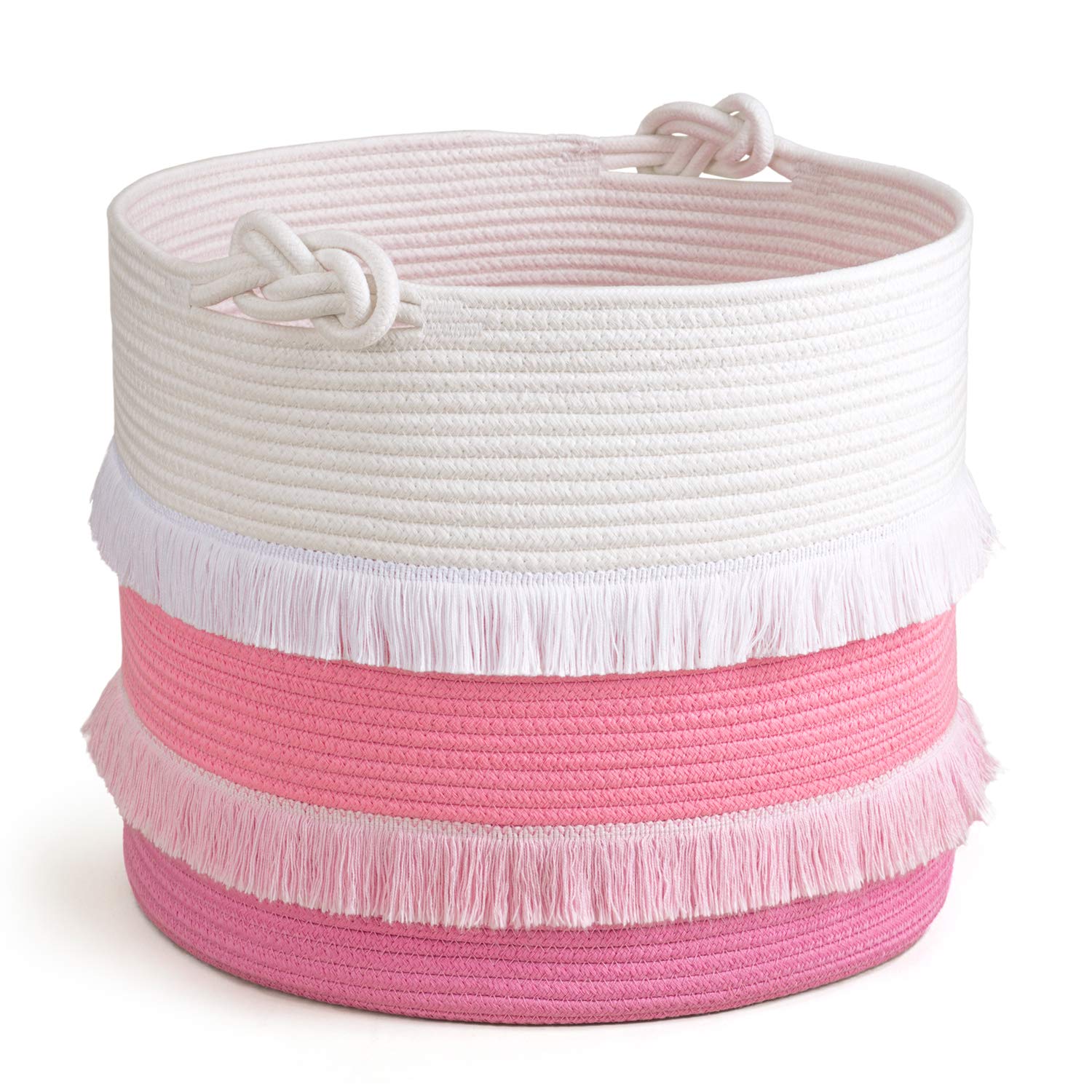 CherryNow pink rope basket top view highlighting durable cotton rope for toy organization.