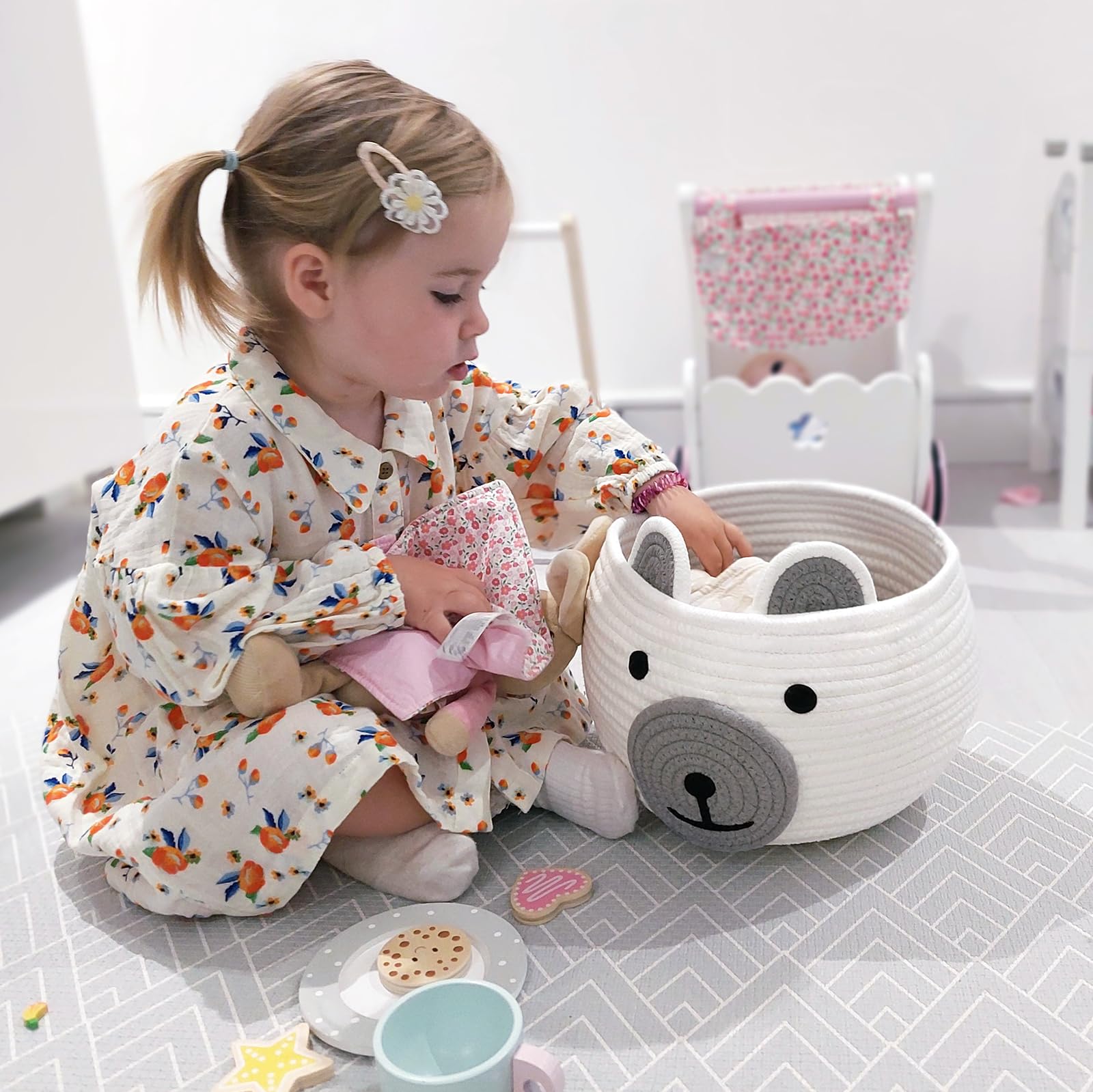 CherryNow small baby basket with handles in white for easy movement and tidy storage