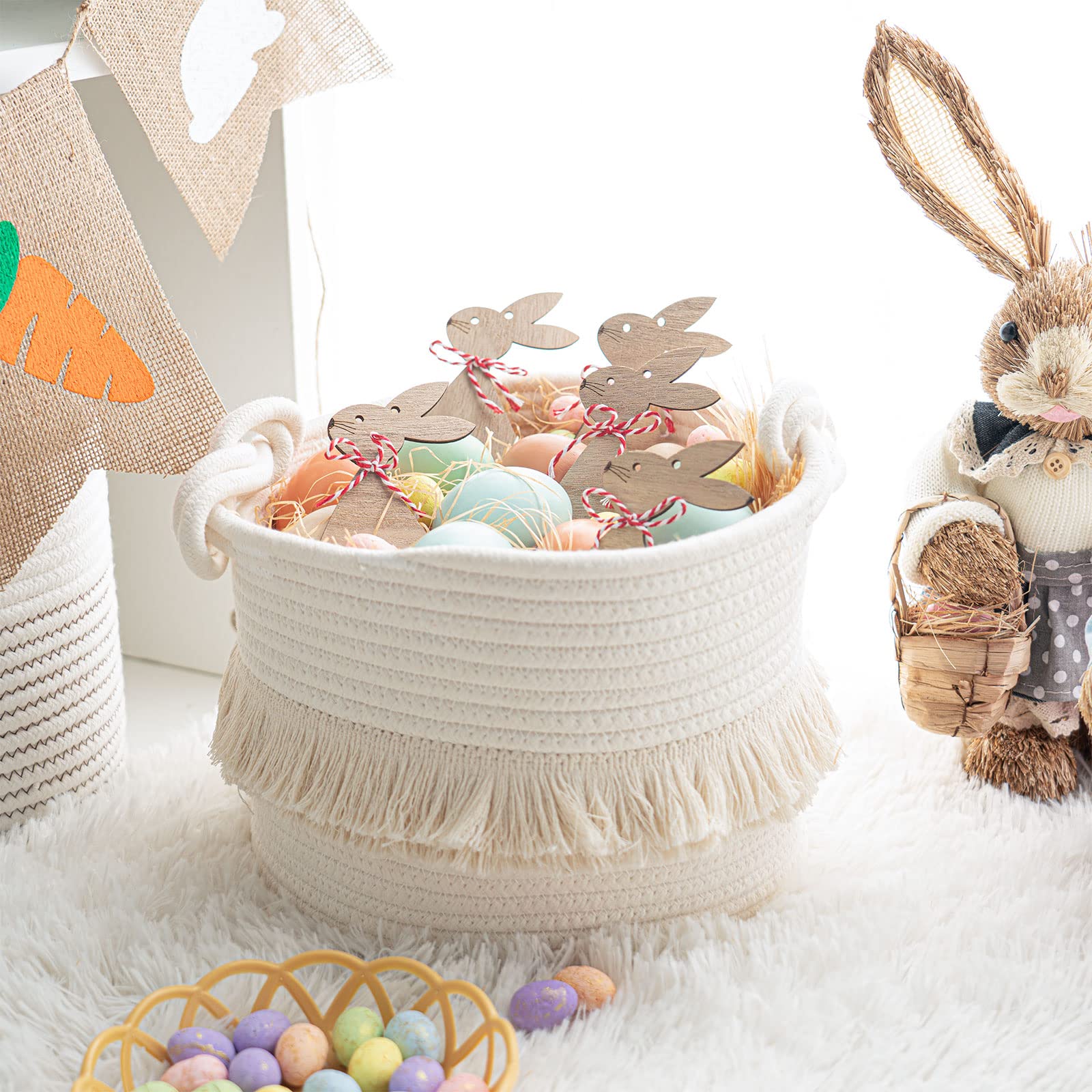 CherryNow small woven basket side view shows portable storage for toys, blankets, and keys