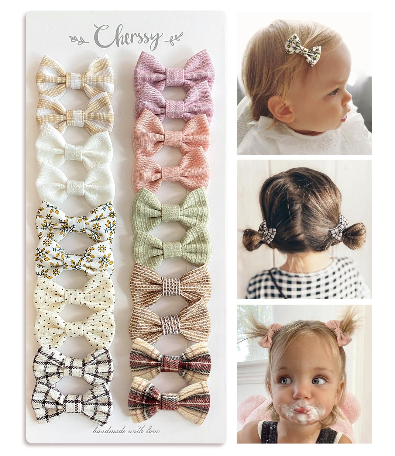 Cherssy baby hair bow clip with soft fabric texture provides gentle hold for fine hair.