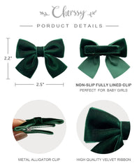 Cherssy Christmas velvet bow clip styled on pigtails with soft grip.