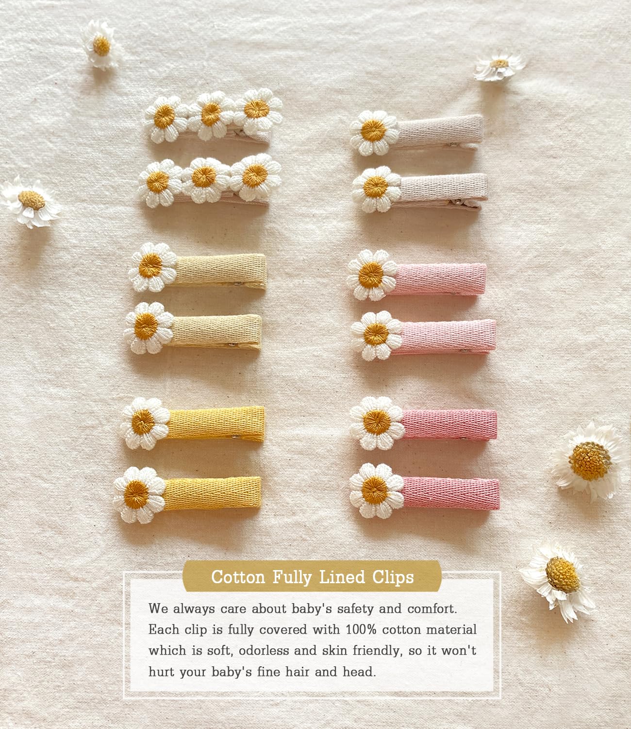 Cherssy daisy hair clip cotton ribbon detail enhances style.