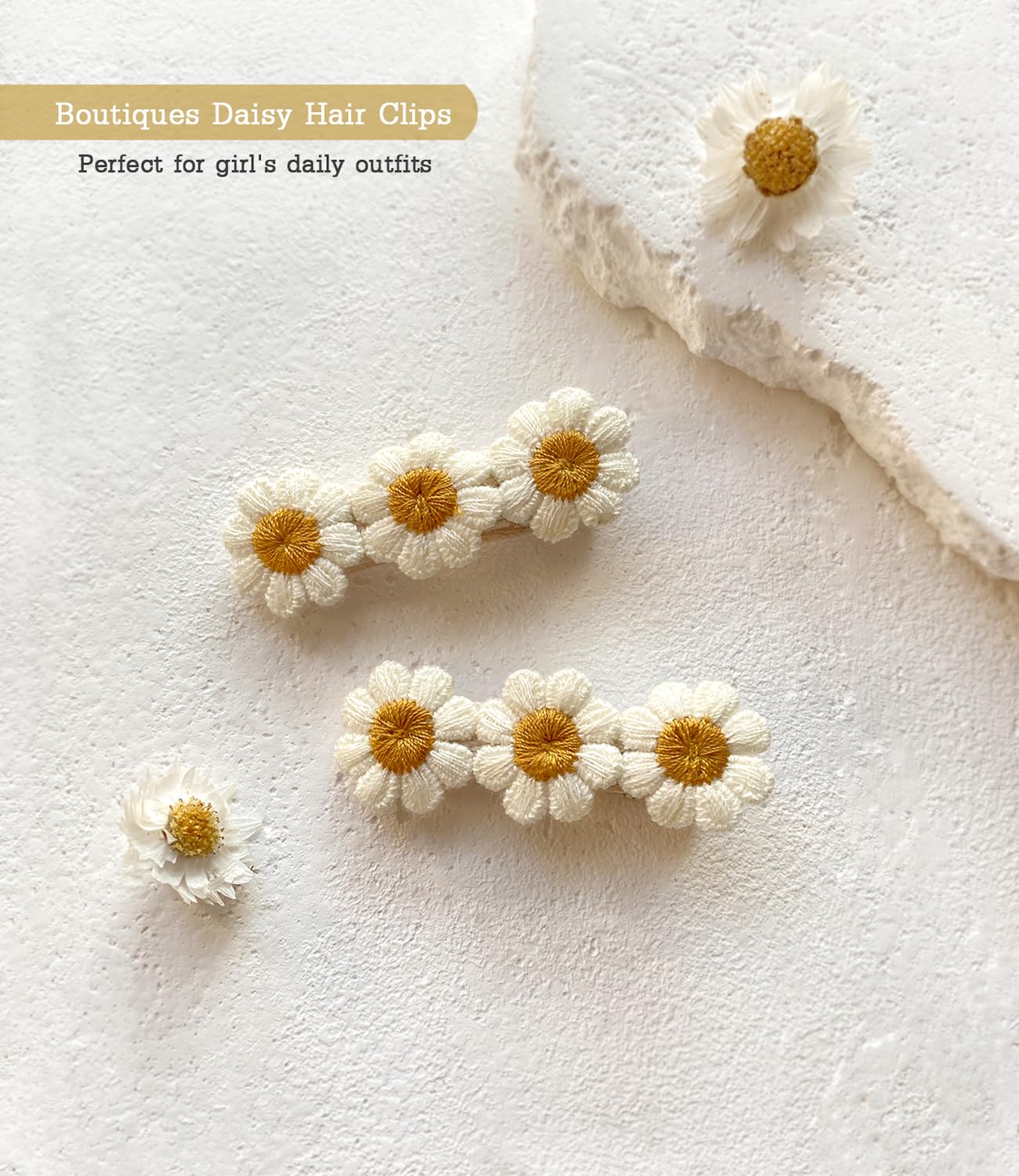 Cherssy daisy hair clip flat lay highlights natural colors.