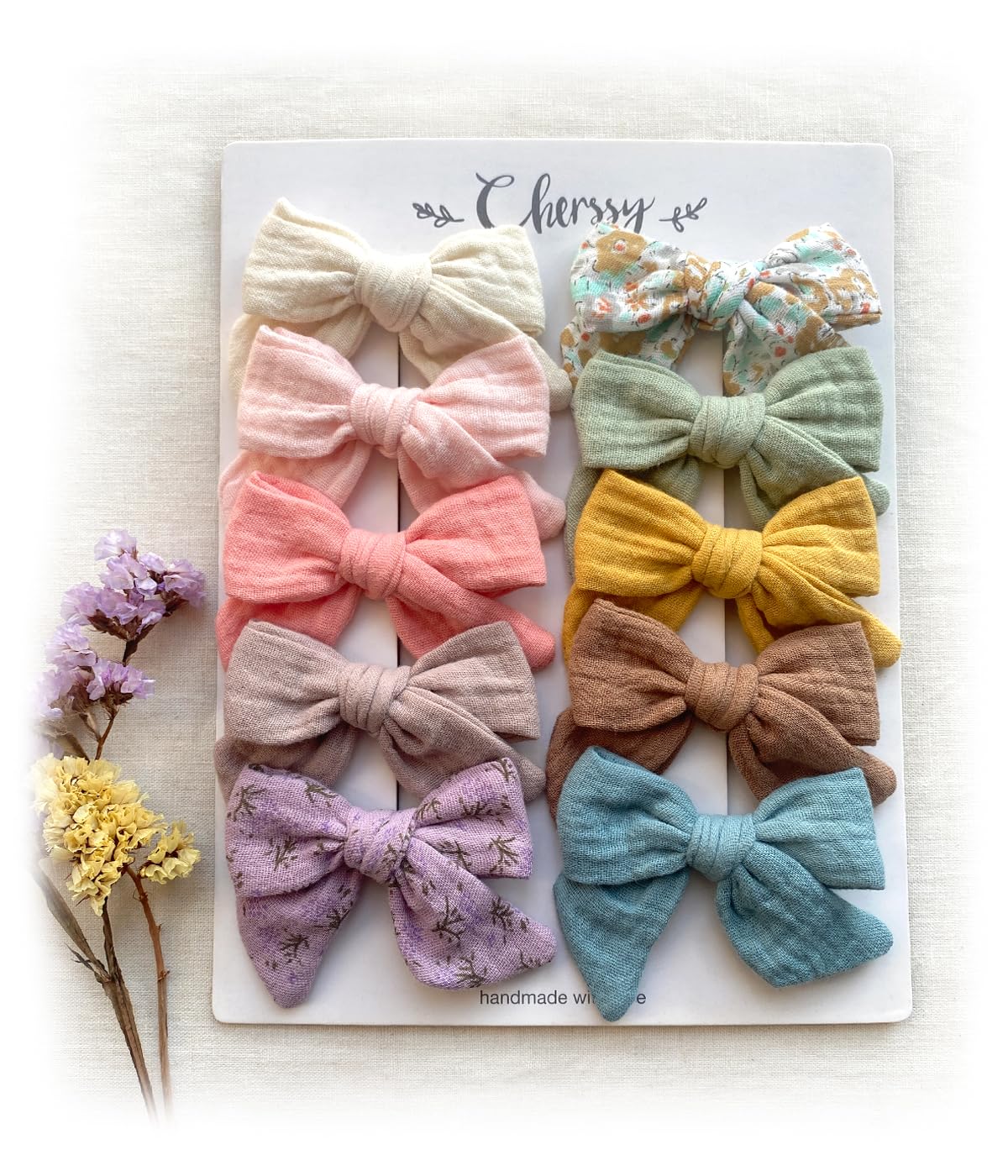 Cherssy Muslin Bow Clip 10pc set in soft organic cotton for gentle everyday wear.