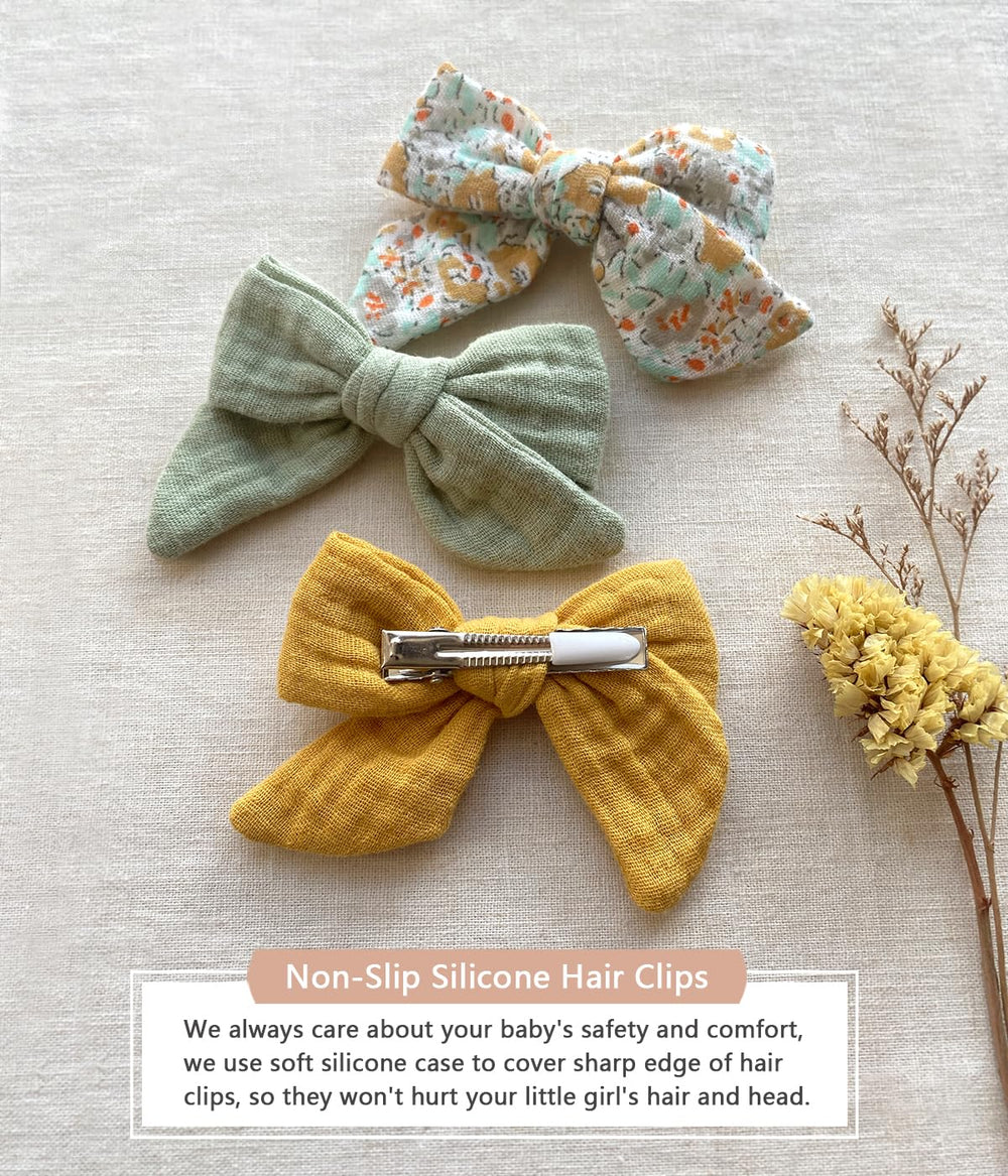 Cherssy Muslin Bow Clip non-slip edge protects delicate hair during activity.