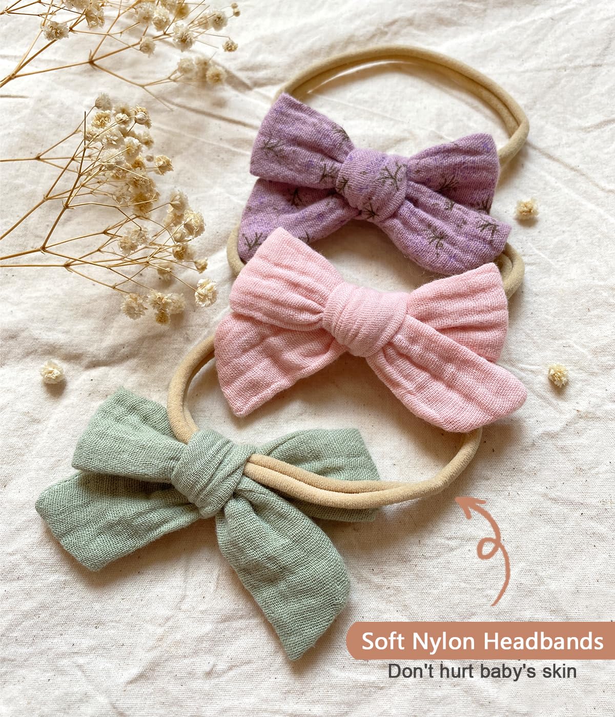 Cherssy muslin bows lilac headband soft fabric suitable for sensitive skin