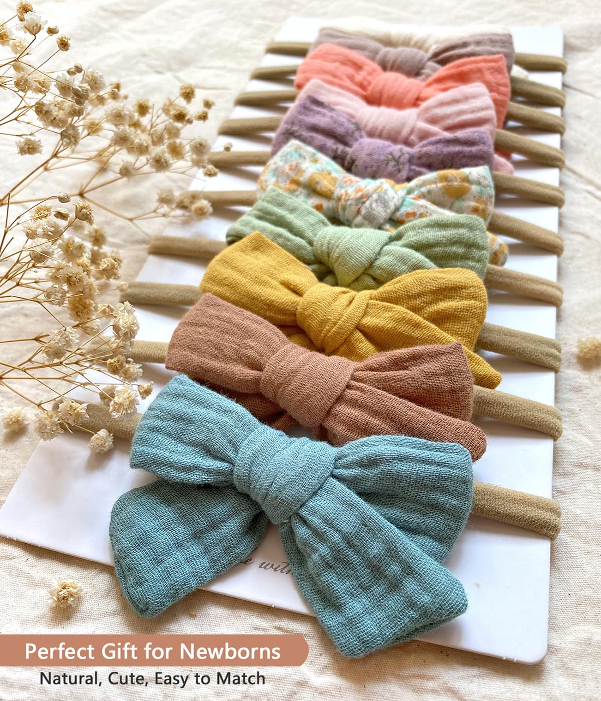 Cherssy muslin bows teal headband with comfortable stretch for growing babies