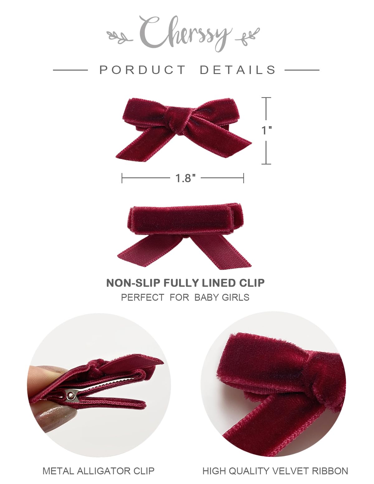 Cherssy Velvet Mini Bows close-up clip shows fully lined design, gentle on hair.