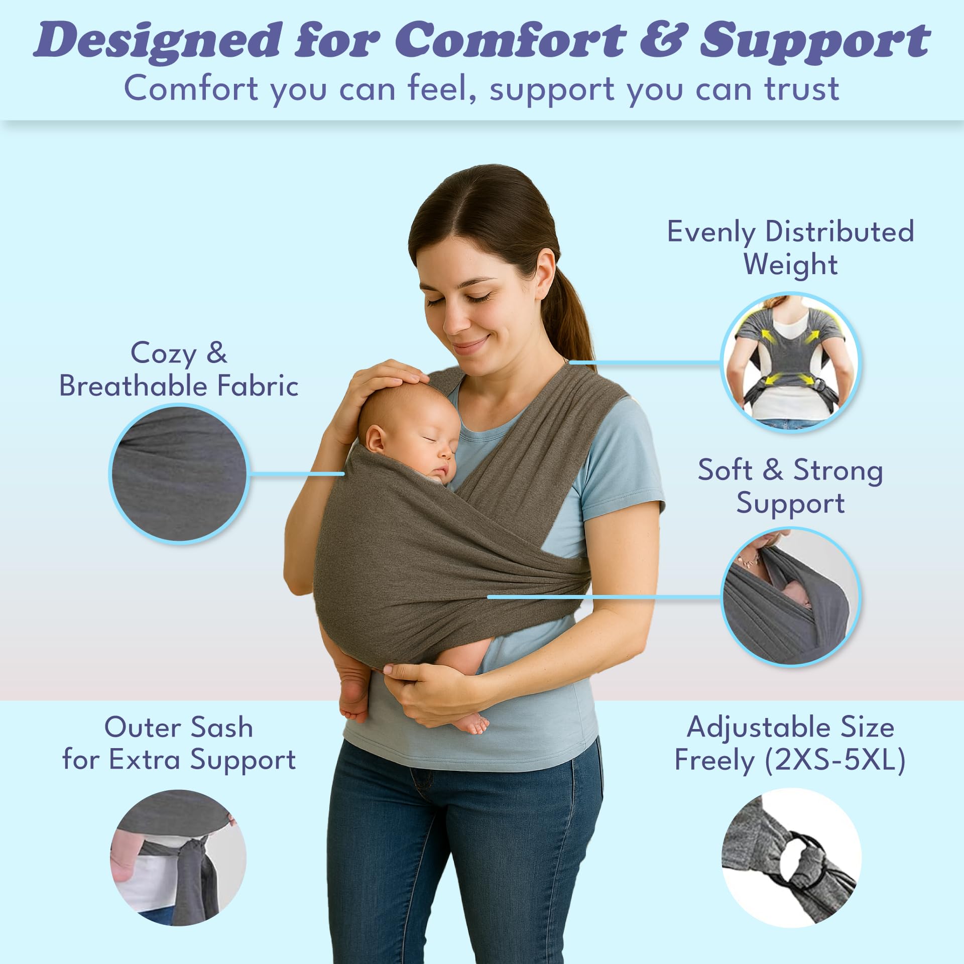 Cherub Cheeks baby carrier wrap features double stitching to enhance secure support during outings.
