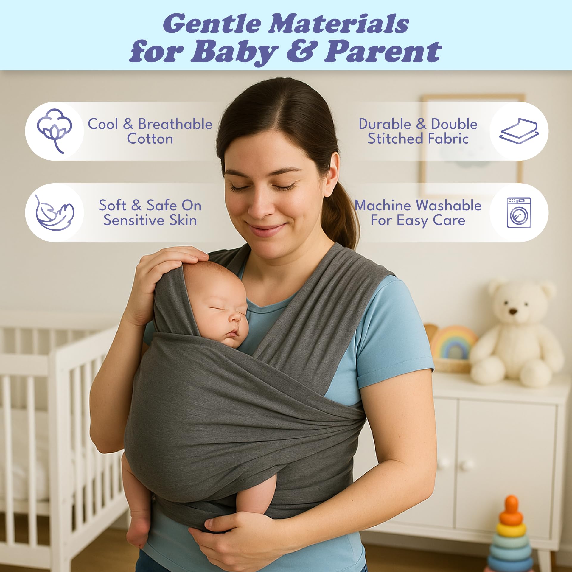 Cherub Cheeks baby carrier wrap is machine washable for easy cleanup after daily use.