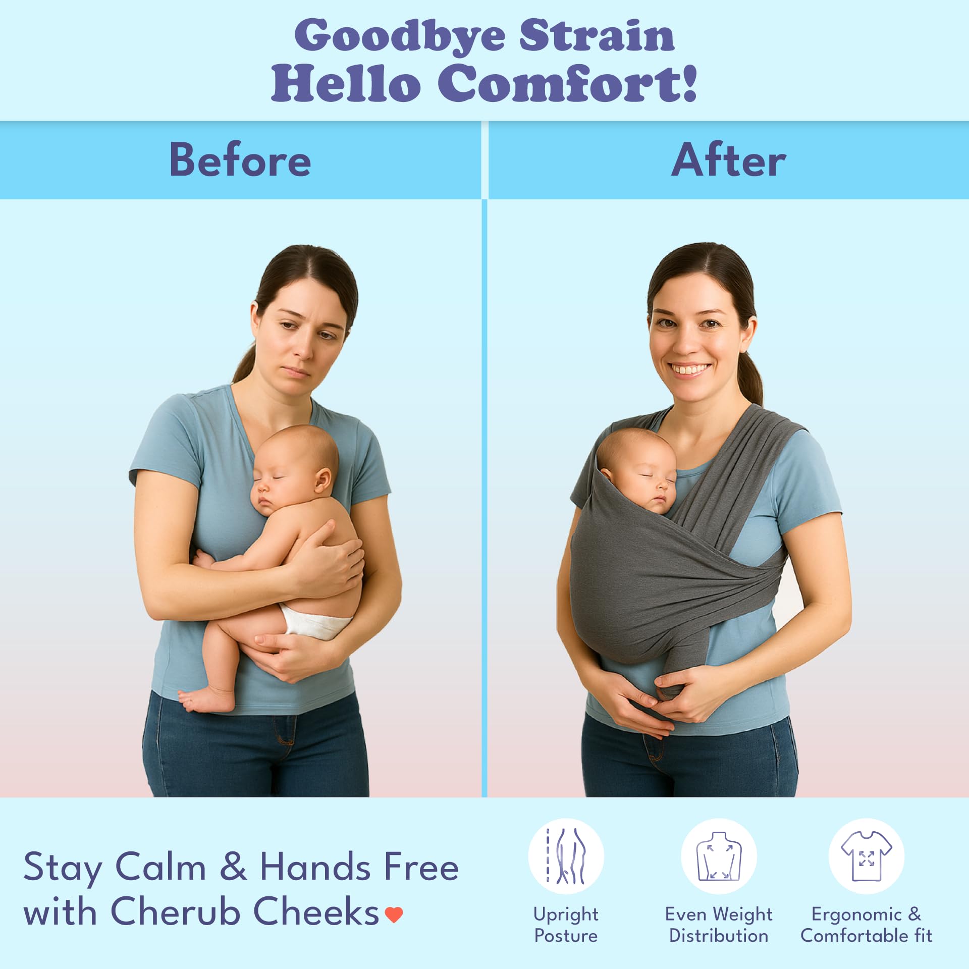 Cherub Cheeks baby carrier wrap offers one-size-fits-all design for petite to plus-size parents.