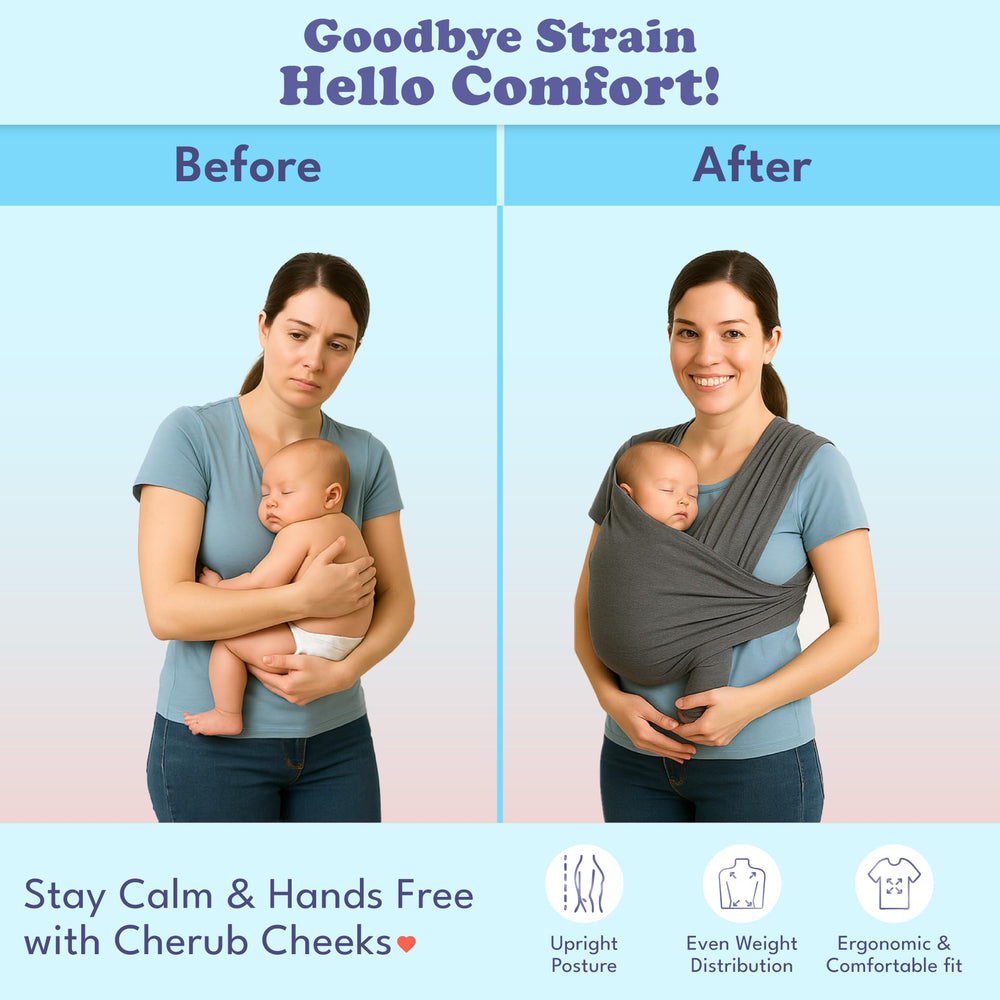 Cherub Cheeks baby carrier wrap offers one-size-fits-all design for petite to plus-size parents.