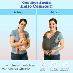 Cherub Cheeks baby carrier wrap offers one-size-fits-all design for petite to plus-size parents.