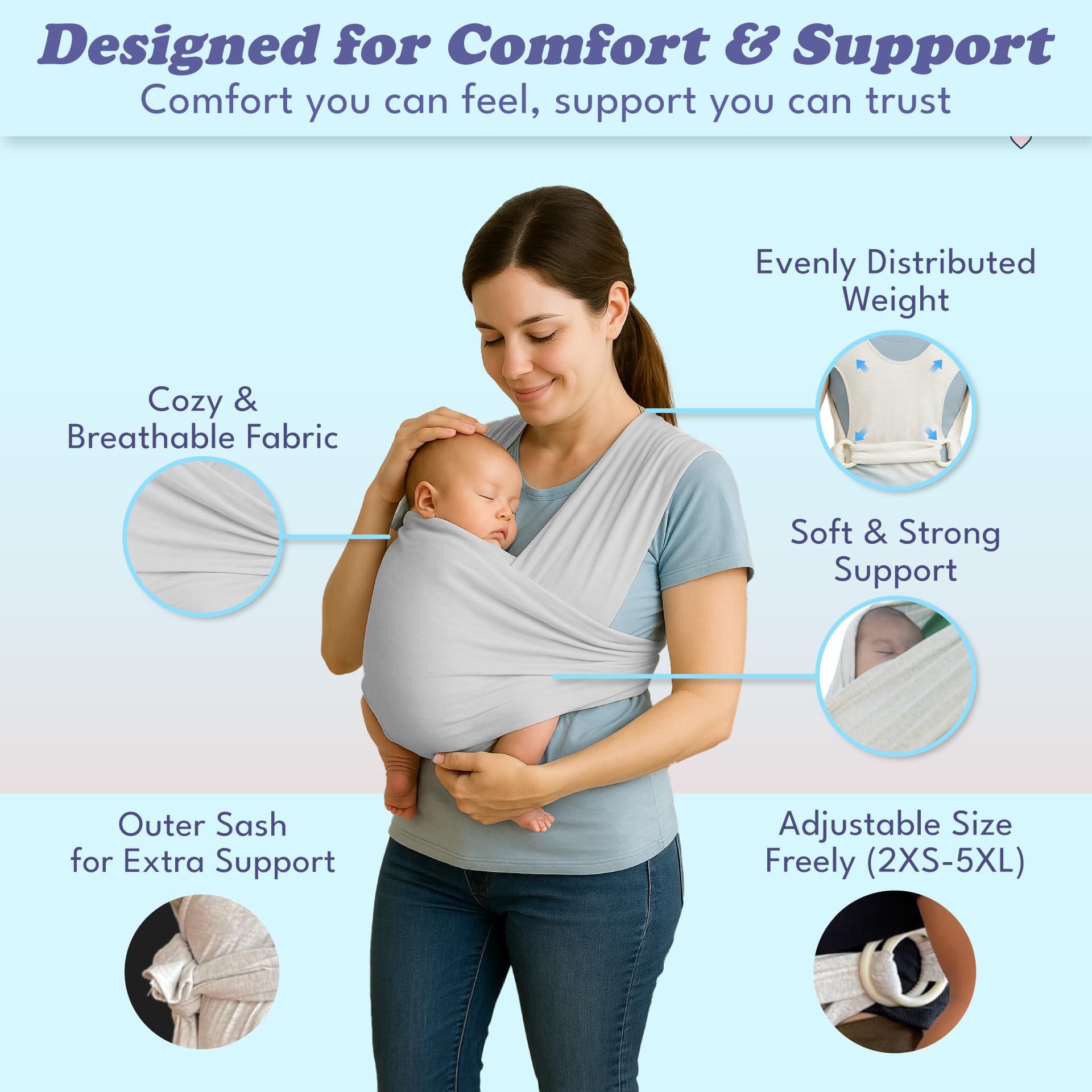 Cherub Cheeks baby wrap on newborn use showing ergonomic cradle position.