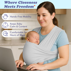 Cherub Cheeks baby wrap worn by parent demonstrating hands-free mobility.