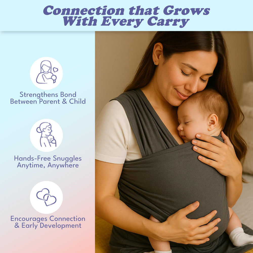 Cherub Cheeks charcoal gray wrap supports comfortable skin contact during feeds and cuddles.
