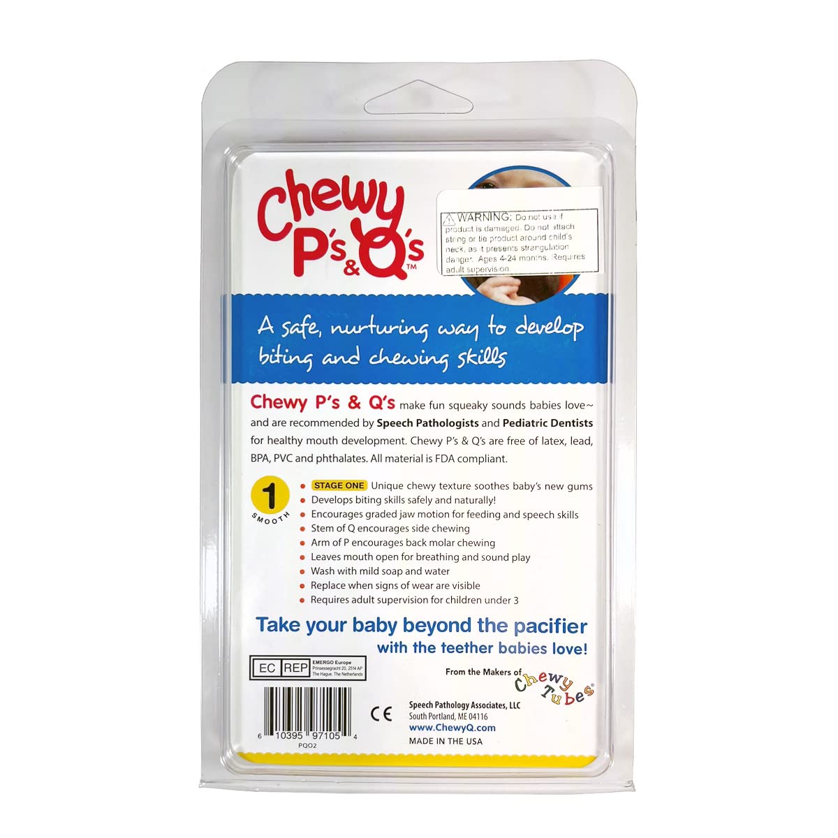Chewy Tubes P's and Q's close-up shows solid bite surface for chewy play and oral motor practice.