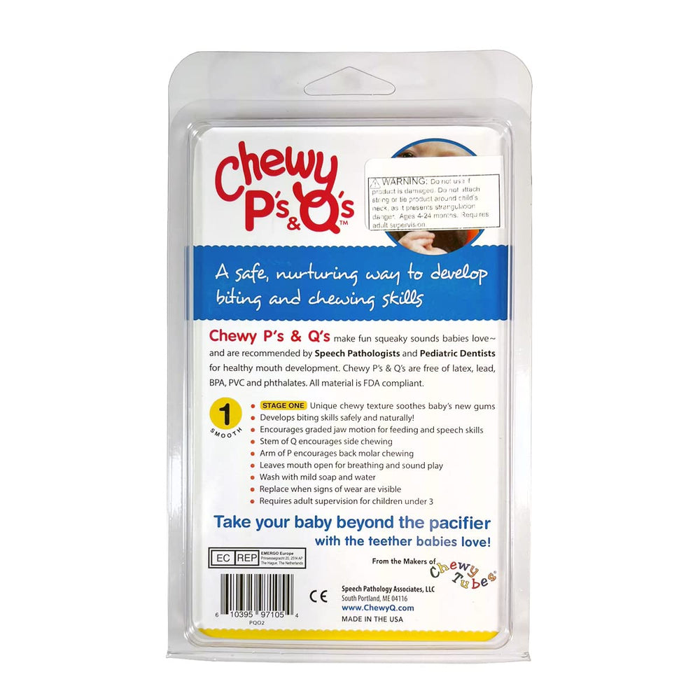 Chewy Tubes P's and Q's close-up shows solid bite surface for chewy play and oral motor practice.
