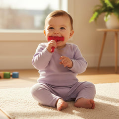 Chewy Tubes red closeup texture showcases safe sensory exploration and non-toxic materials.