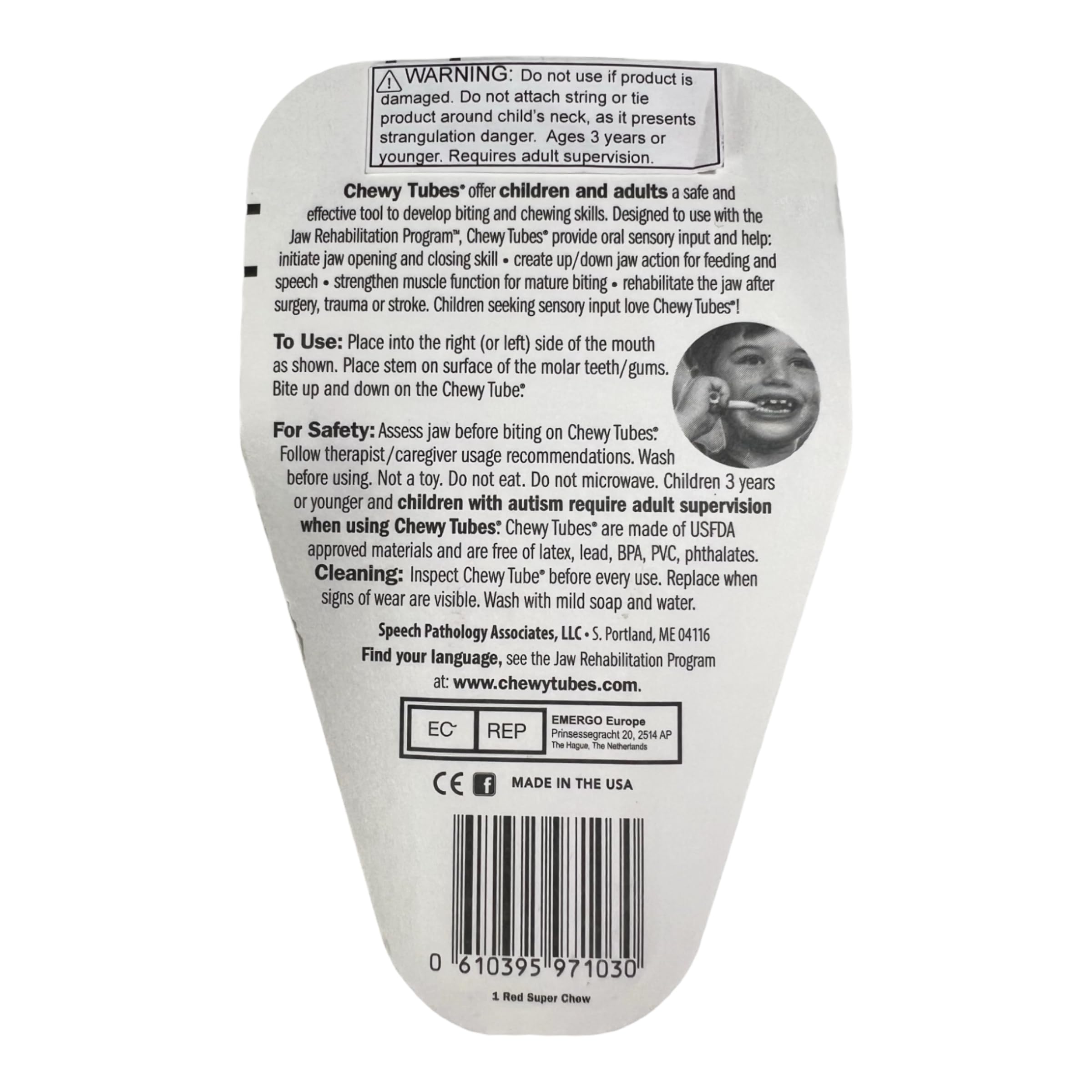 Chewy Tubes Red Super Chew handle closeup highlights closed-loop grip for small fingers.