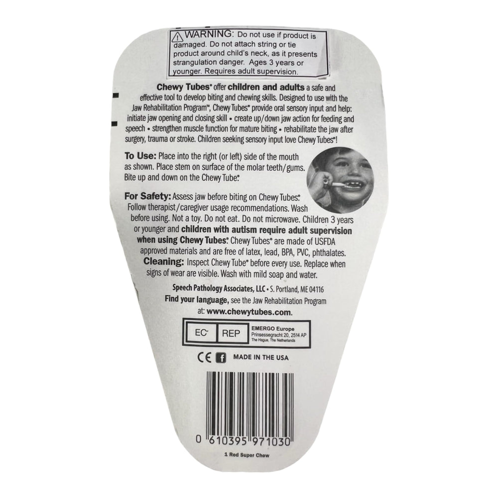 Chewy Tubes Red Super Chew handle closeup highlights closed-loop grip for small fingers.