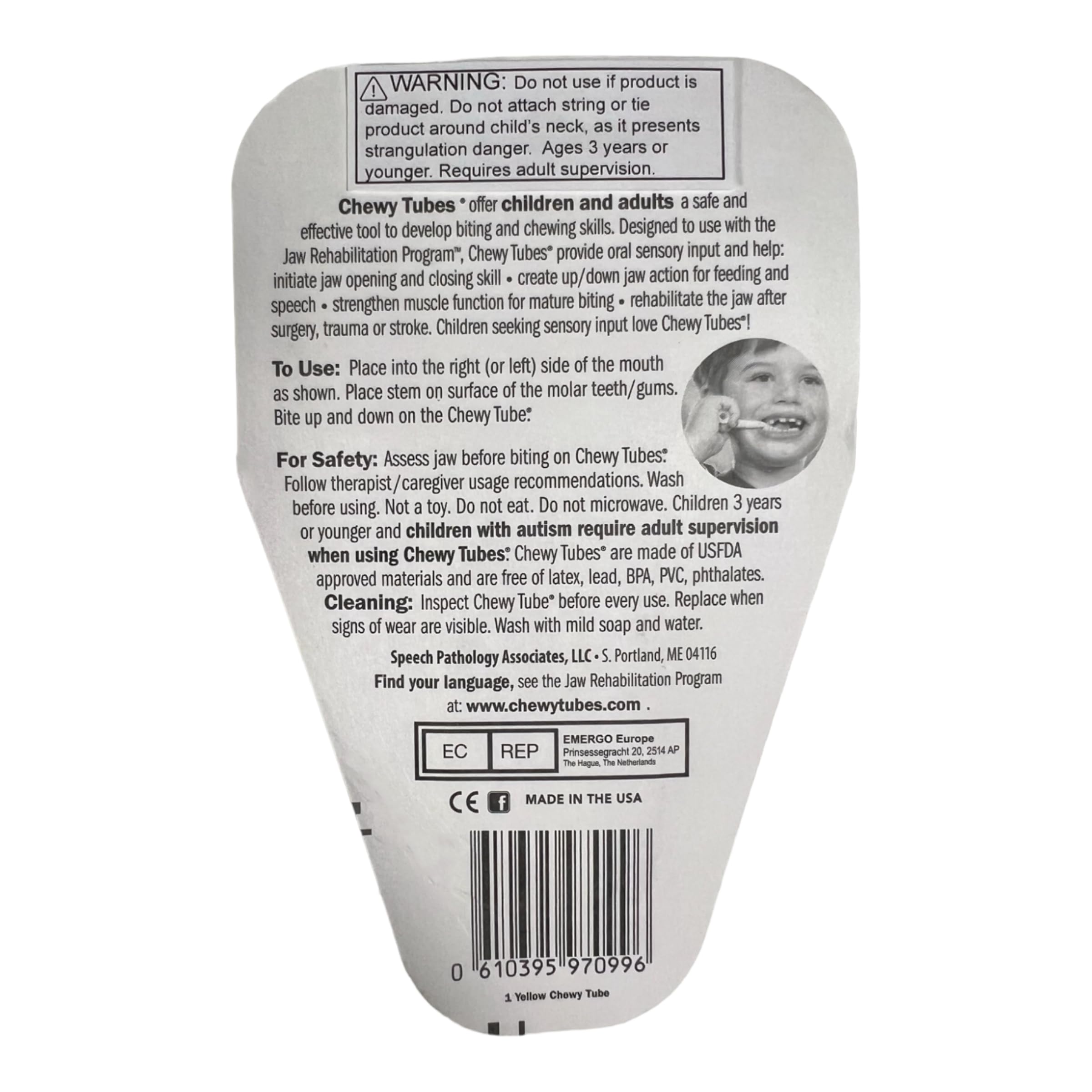 Chewy Tubes sensory teether yellow closeup shows chew-friendly texture for soothing gums