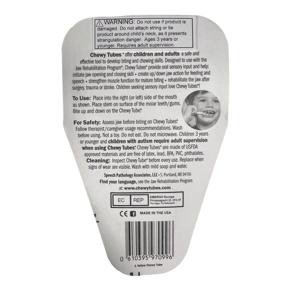 Chewy Tubes sensory teether yellow closeup shows chew-friendly texture for soothing gums