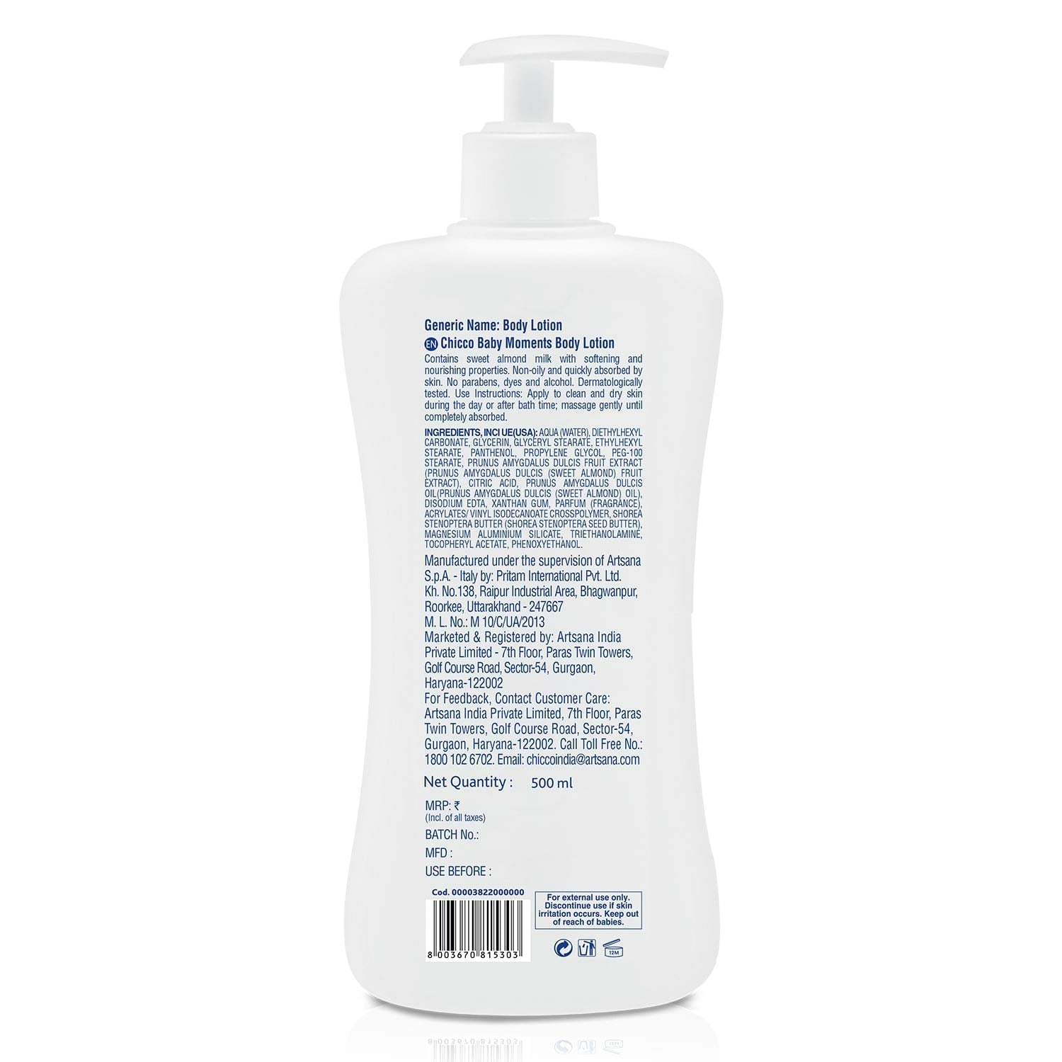 Chicco Baby Moment Body Lotion ingredients label highlights sweet almond milk