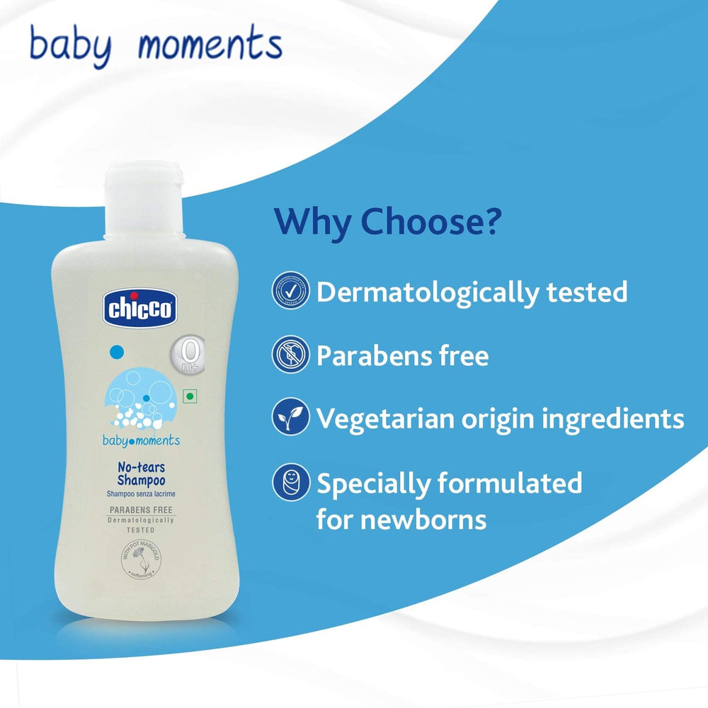 Chicco Baby Moment No-Tears Shampoo bath-time scene emphasizes gentle cleansing routine.