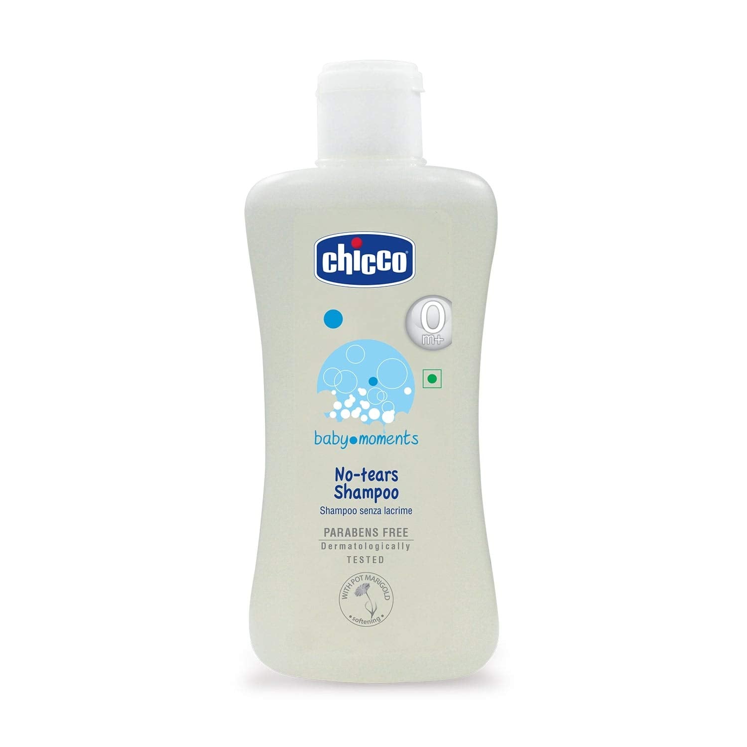 Chicco Baby Moment No-Tears Shampoo bottle demonstrates tear-free cleansing for bath time.