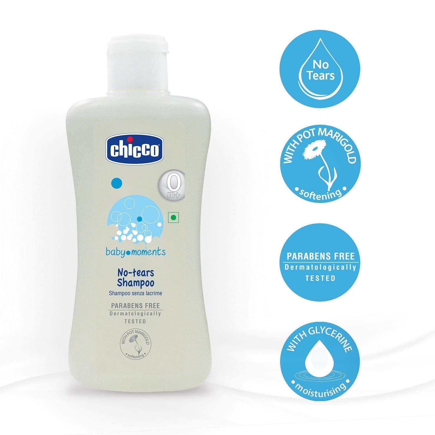 Chicco Baby Moment No-Tears Shampoo foam closeup shows gentle lather for delicate hair.