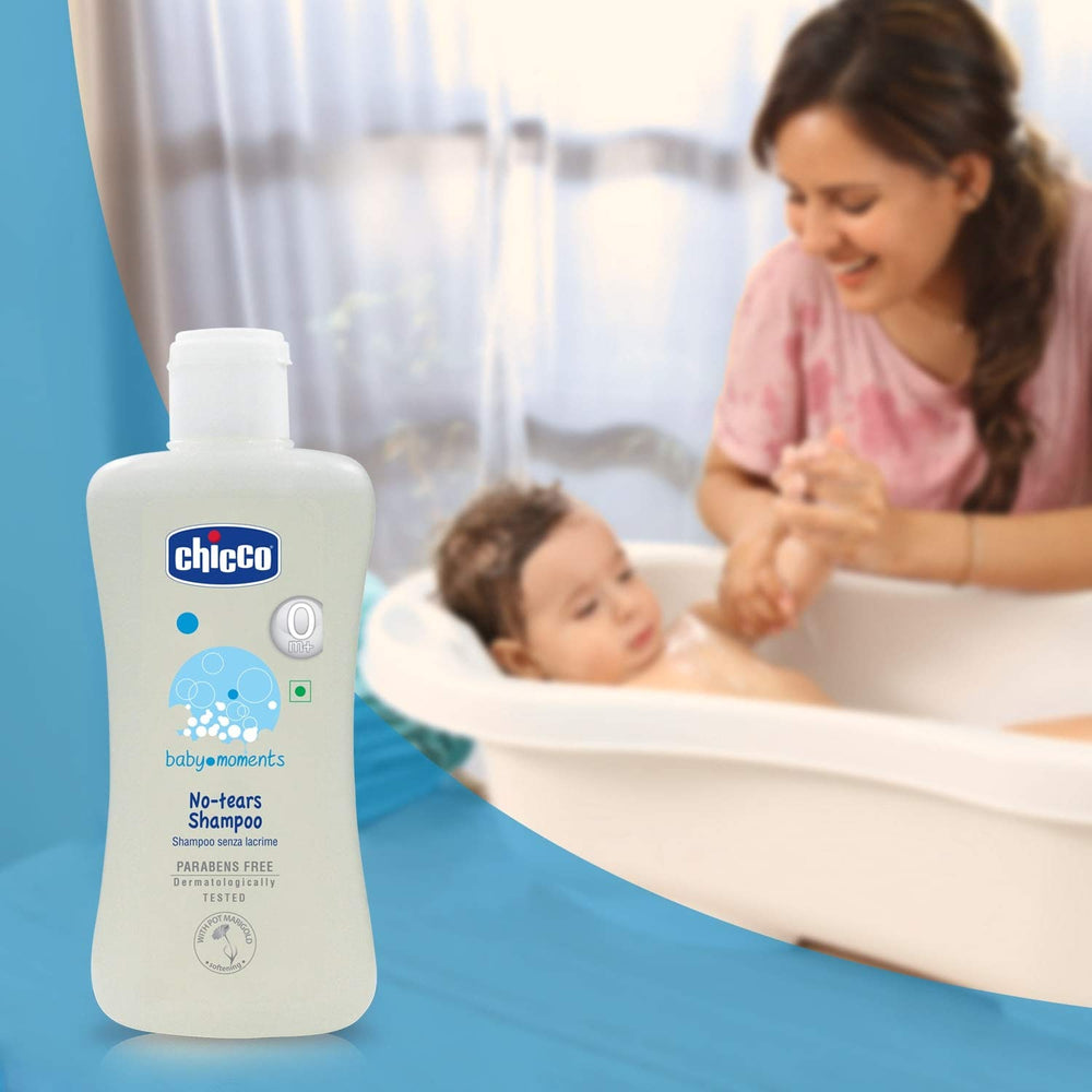 Chicco Baby Moment No-Tears Shampoo hair-softening formula for soft, manageable hair.