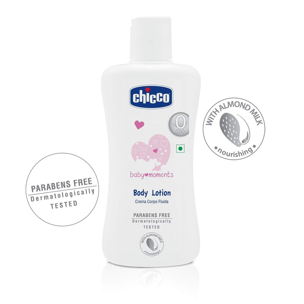 Chicco Baby Moments Body Lotion being applied during a gentle baby care routine for soft skin.