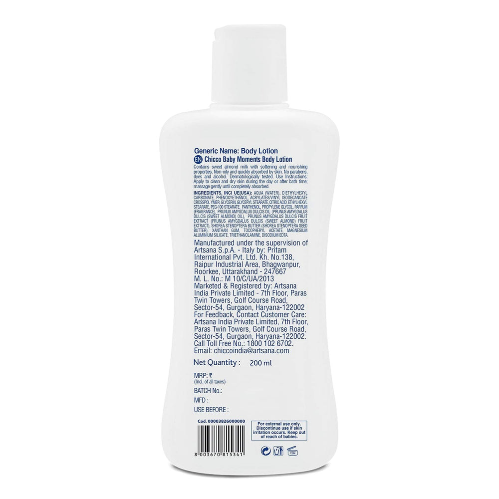 Chicco Baby Moments Body Lotion almond-milk supports lasting softness for delicate baby skin.