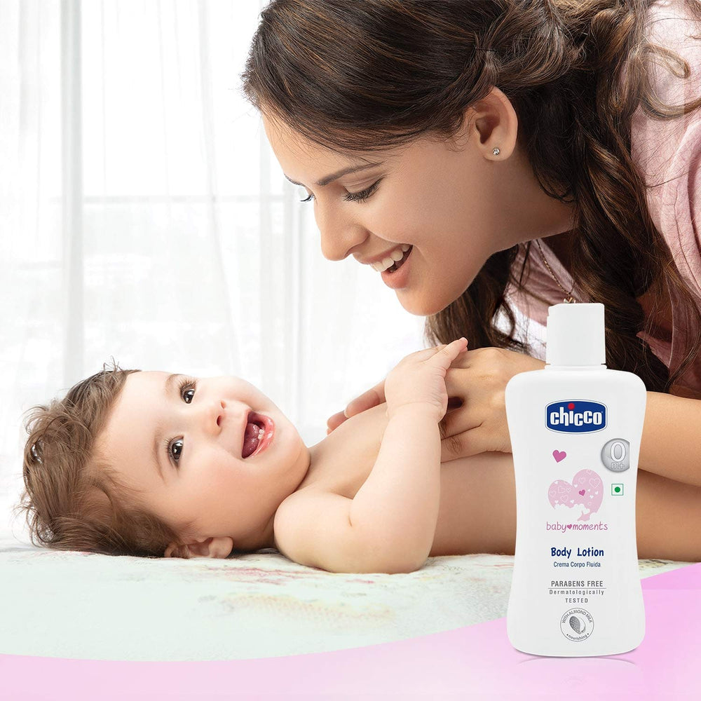 Chicco Baby Moments Body Lotion illipe-butter focus seals in moisture for hydrated skin.