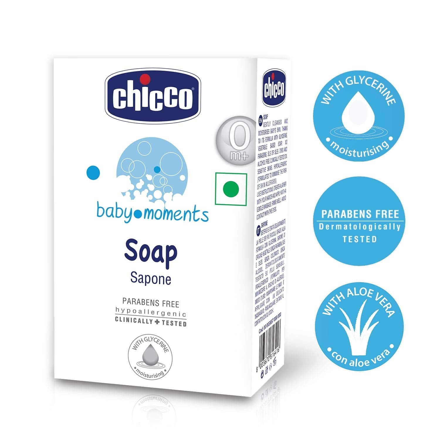Chicco Baby Moments Soap bar package highlights travel-friendly 75g size for easy care.
